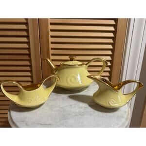 Vintage 1940s Pearl China Co. Yellow 24k Gold Rim Art Deco Teapot Creamer Sugar